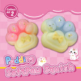 Two Pudding Soft Paw Squish toys on a pink background with branding text.
