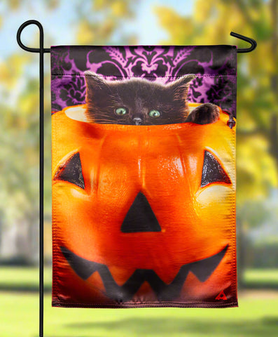 Kitten in Pumpkin Bucket Lustre Garden Flag
