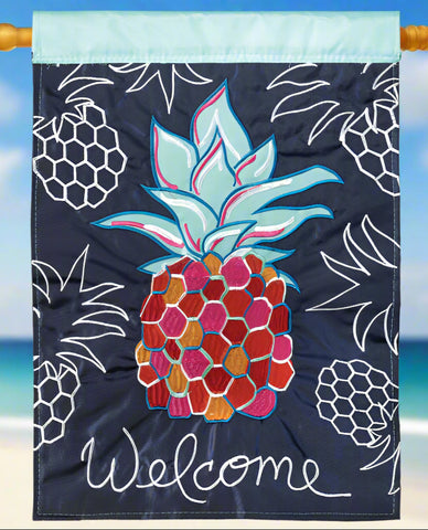 Whimsy Pineapple Blue Applique House Flag
