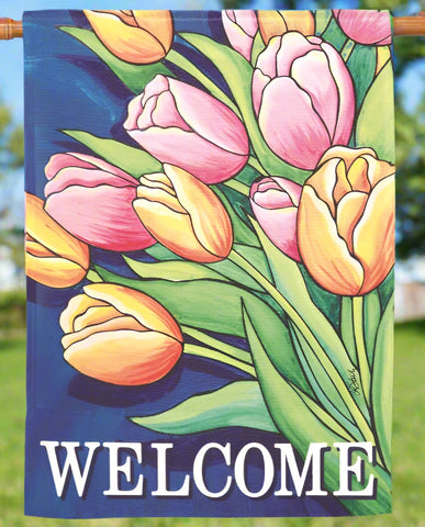 Welcome Tulips Polyest House Flag