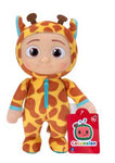Four plush toys in animal costumes with red bags on a white background