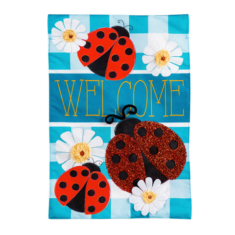 Ladybug Plaid Welcome House Linen Flag