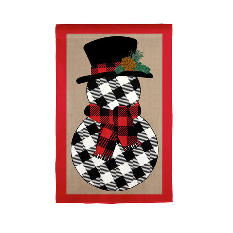 Buffalo Check Snowman Burlap Garden Flag