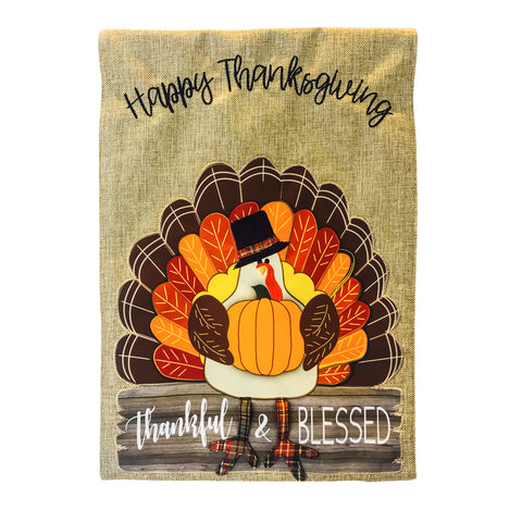 Thankful and Blessed Turkey House Burlap Flag