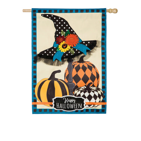 Witch Hat and Pumpkins House Applique Flag