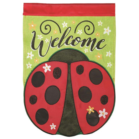 Welcome Ladybugs Shaped Double Applique Burlap Garden Flag